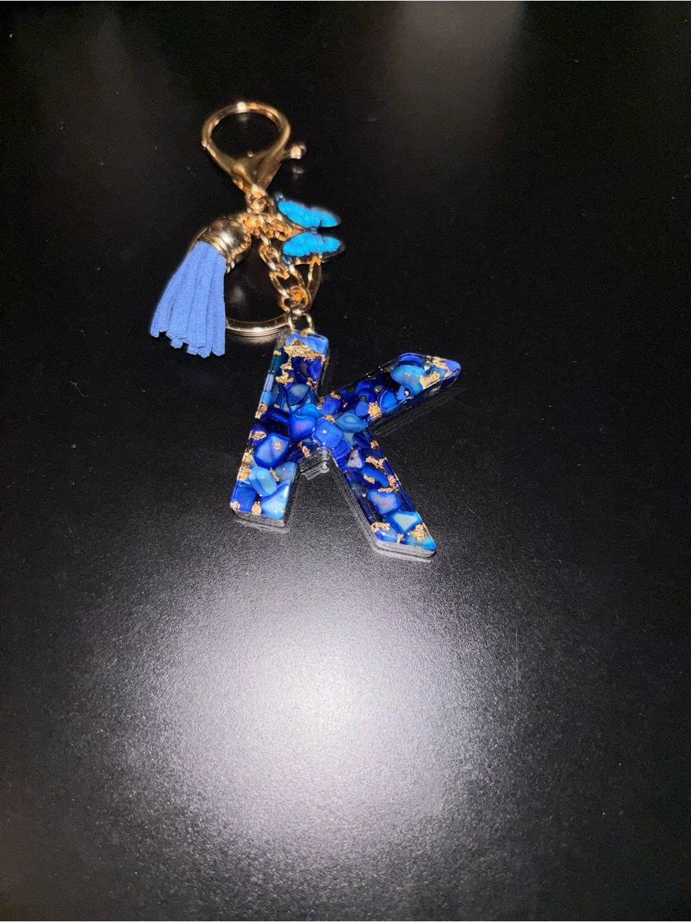 Handmade Blue & Gold Resin Initial "K”Keychain with Tassel & Butterfly Charm🦋